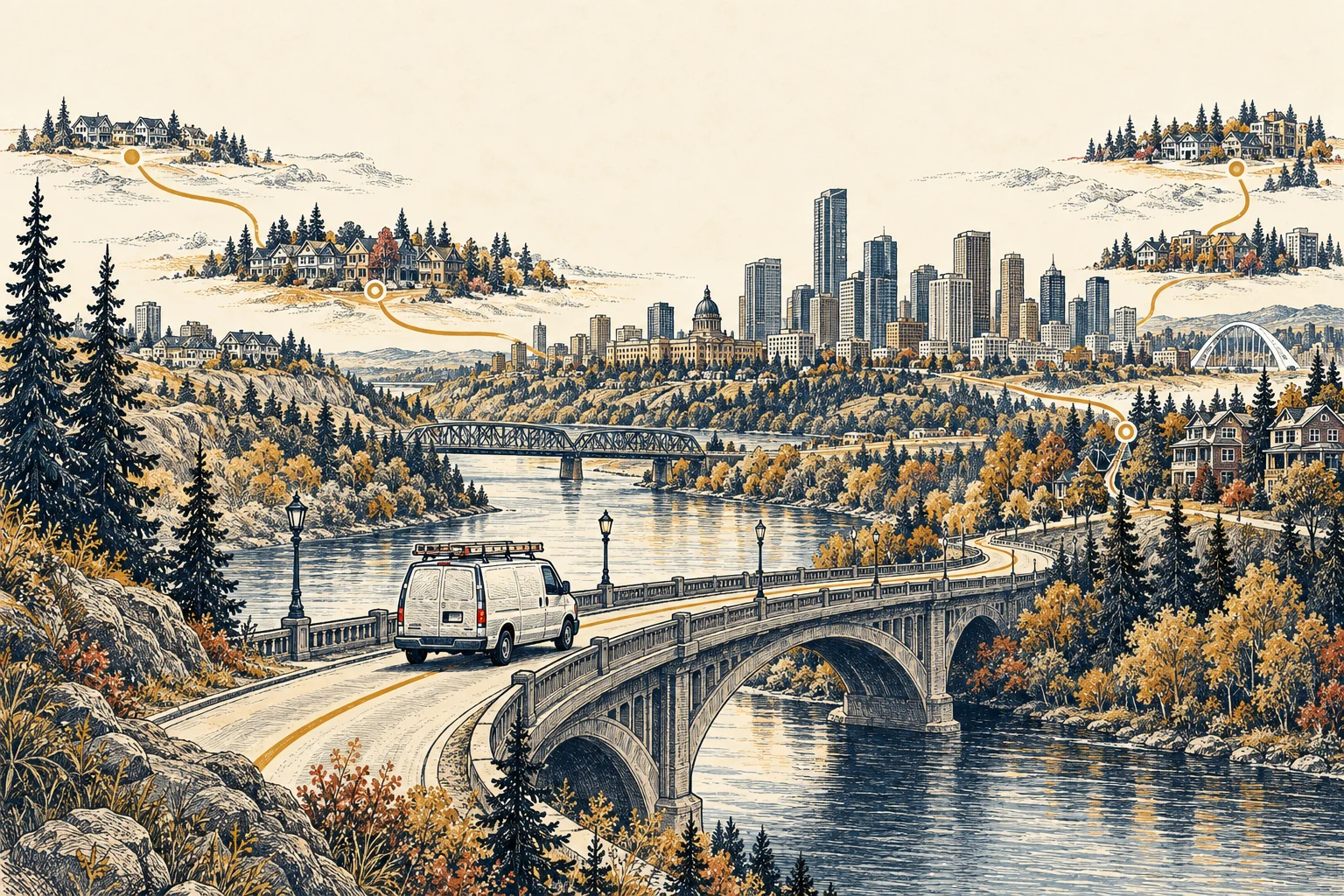 Engraved service van crossing a river bridge between neighbourhoods