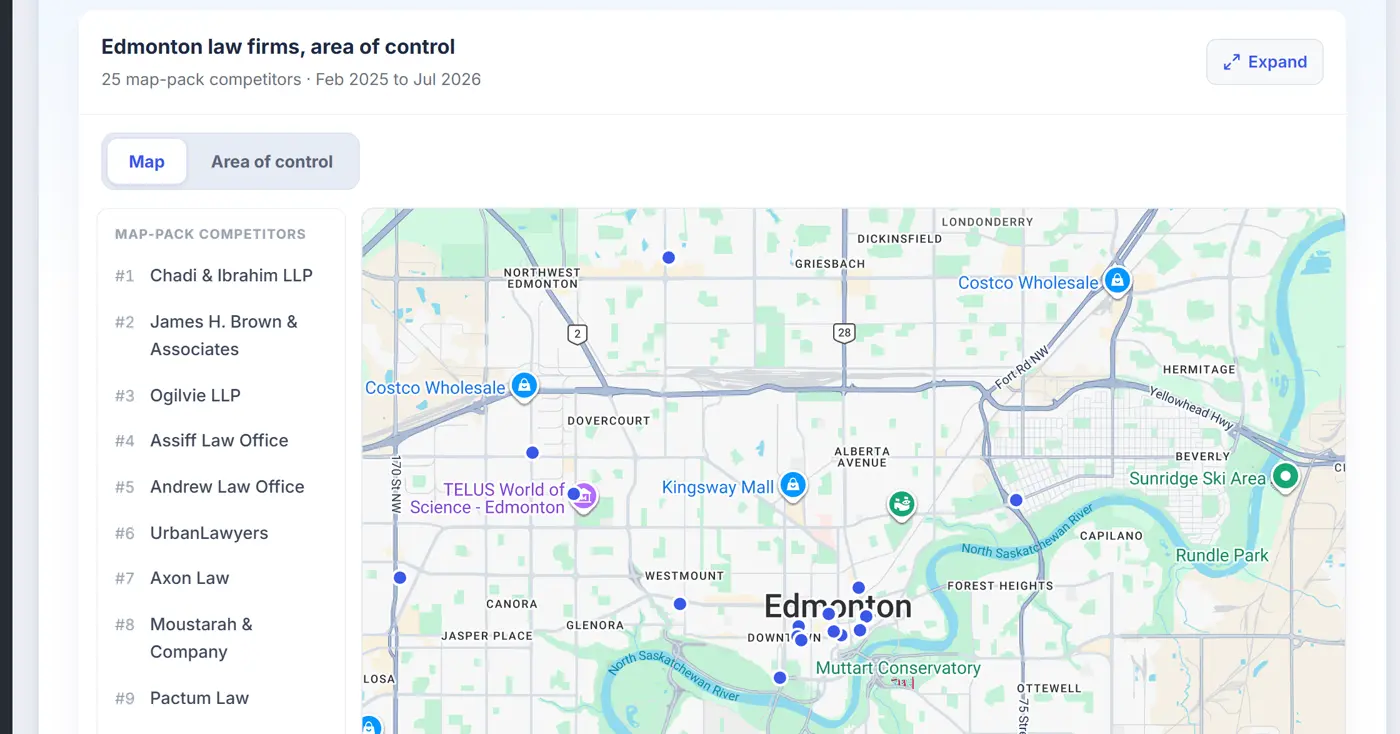 The 25-cell Edmonton law-firm geo-grid from the live GroundTruth report: uniform lattice over the city with per-cell map-pack ownership