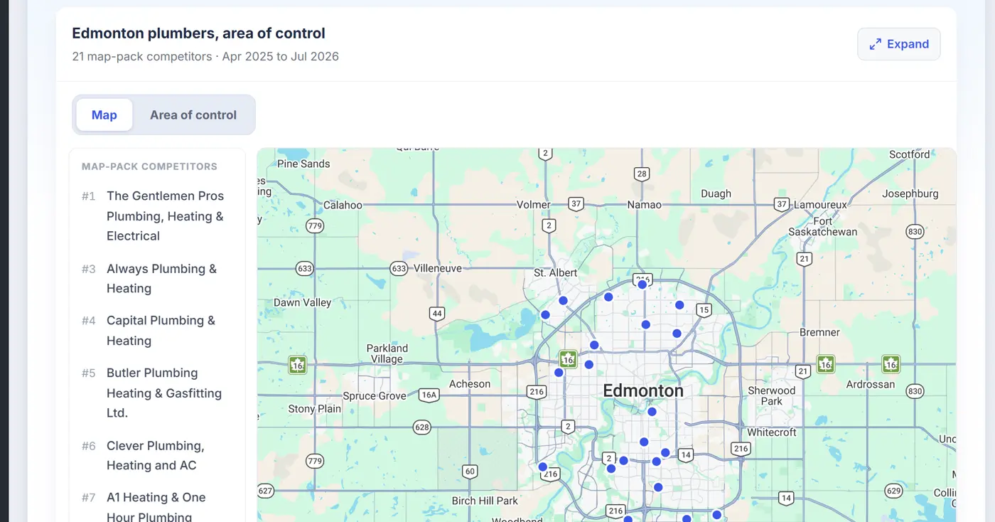 The 304-cell Edmonton plumbing geo-grid from the live GroundTruth report: uniform metro-wide lattice with per-cell map-pack ownership