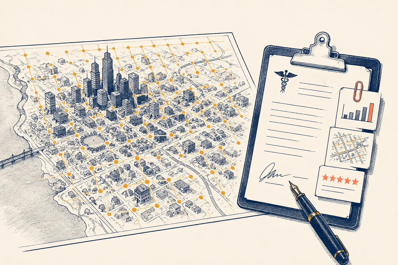 Edmonton SEO audit illustrated as a city map measured with a 90-point grid and a written diagnosis with chart exhibits attached