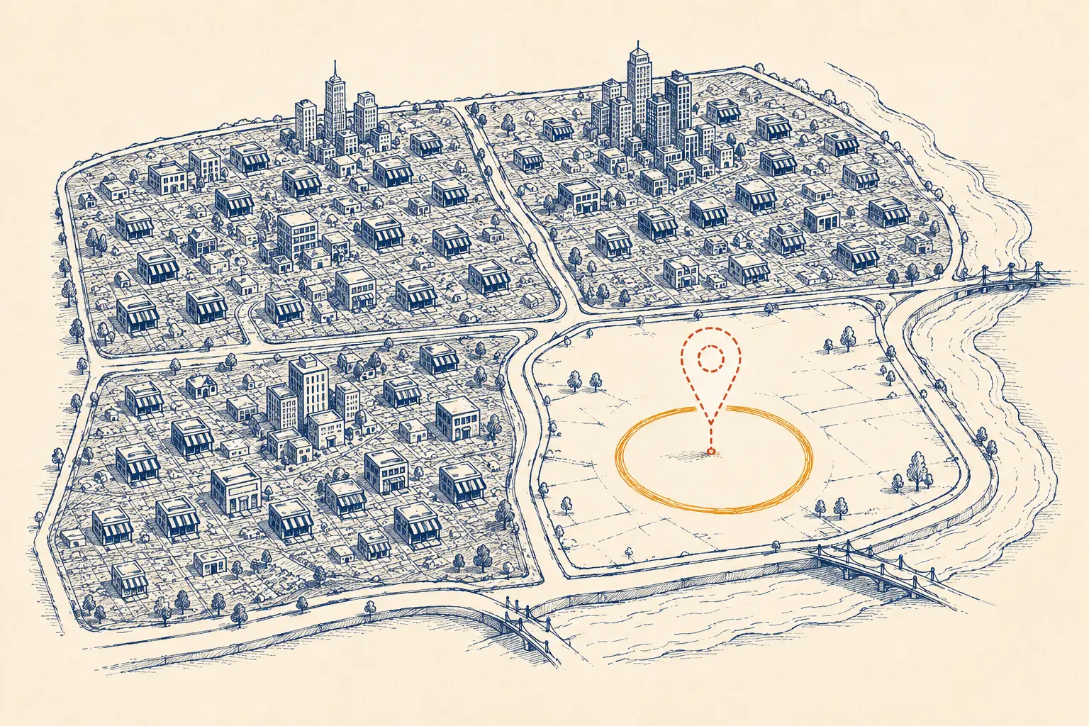 Geo-location analysis for a new Edmonton business location: a measured city map with the one unowned district circled in amber