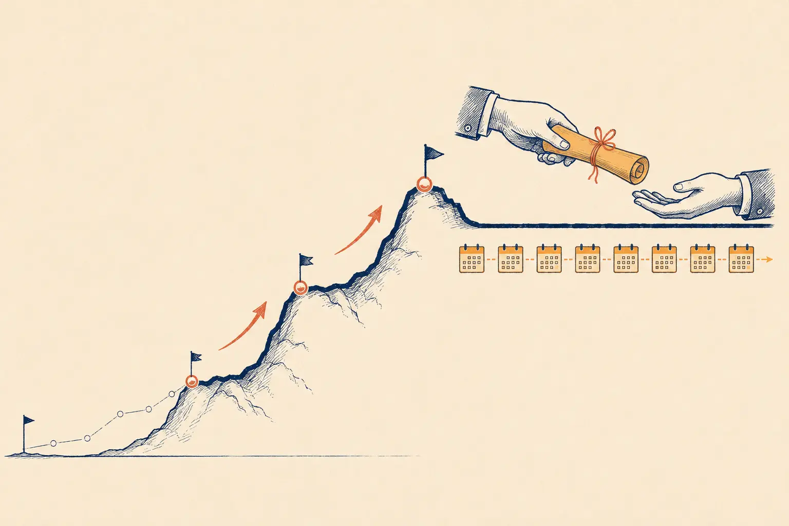 One-time SEO sprint illustrated as a climb to a sustainable ranking plateau ending with a hand-off of insights and cadence